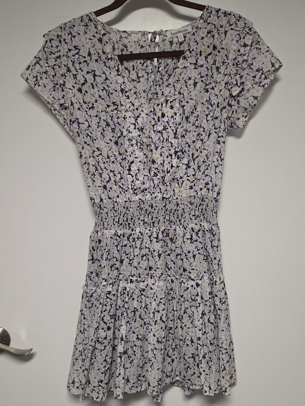 Heartloom Smocked Floral V-Neck Mini Dress in Lavender and Black Size S